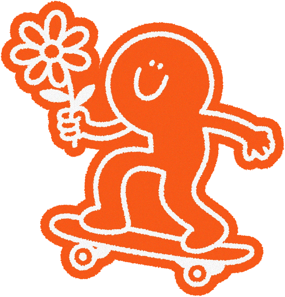 Orange character skating with a flower